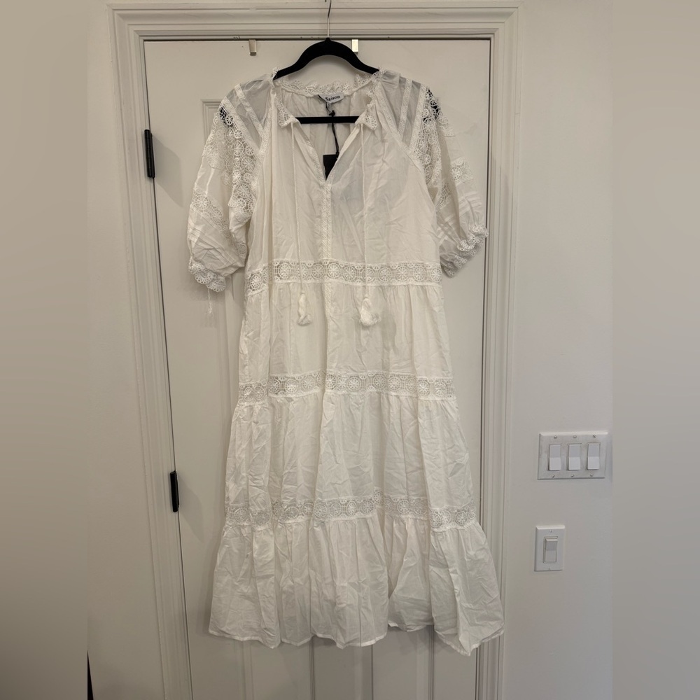 NWT En Saison Tiered Lace Detail Midi Dress White Size Medium 100% Cotton - Picture 6 of 10